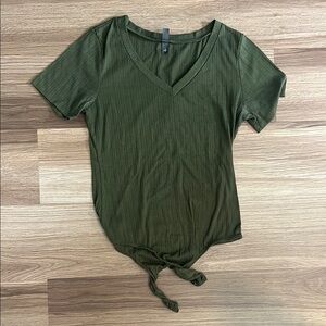 Olive Green V-Neck Tie-Front Bodysuit